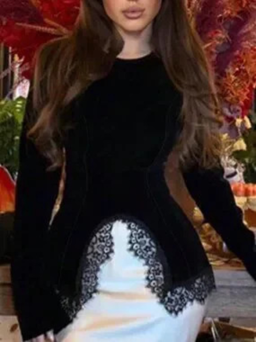 Black Casual Women's Elegant Lace Patchwork Round Neck Long Sleeve Velvet Top